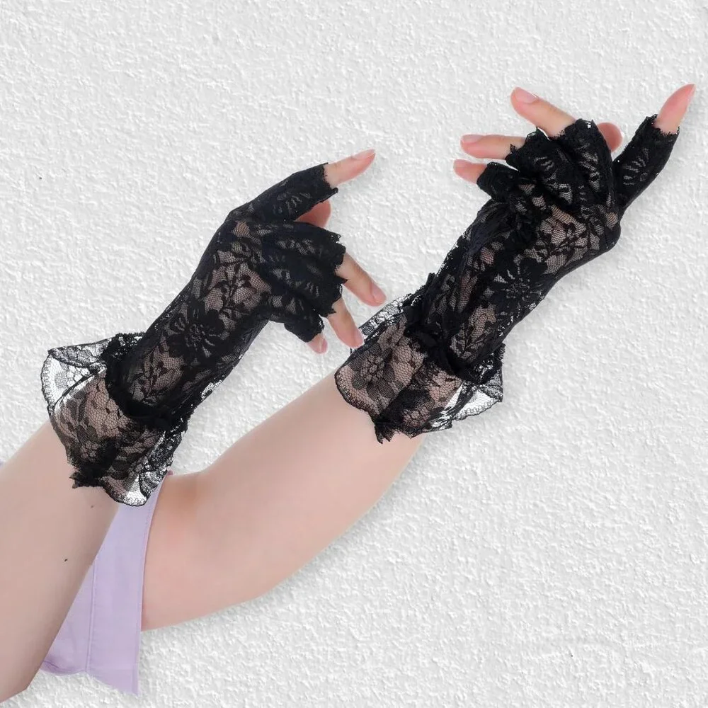 Women's Evening Black Gloves Fingerless Floral Short Lace Party Prom Design
